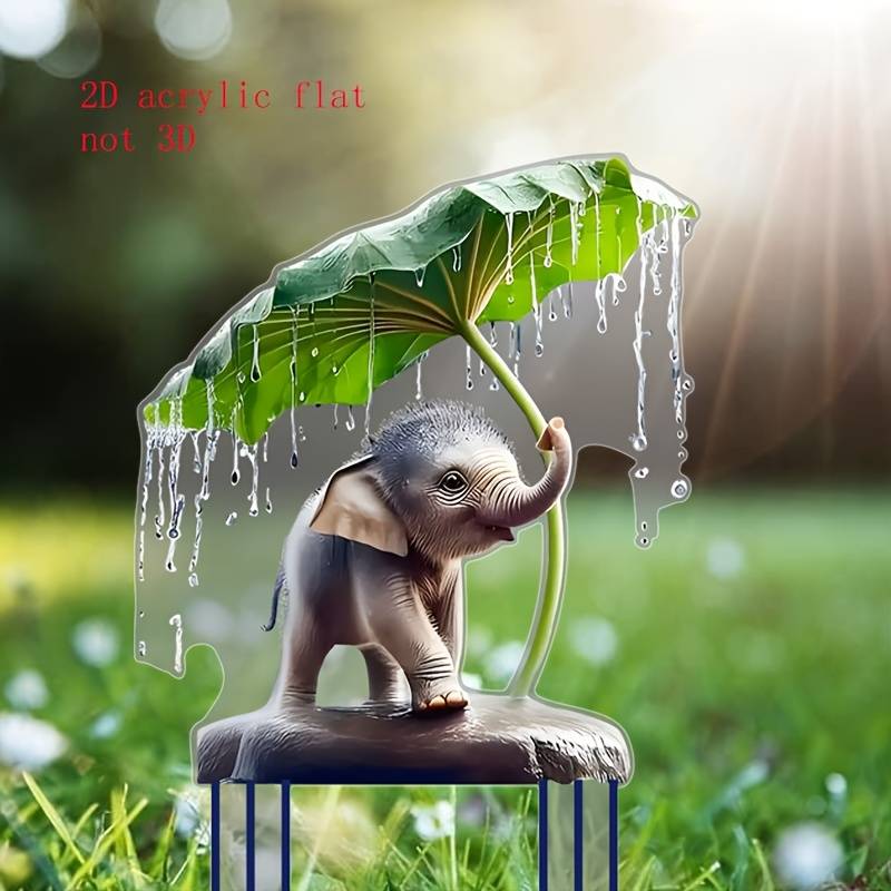 1pc 2D Flat  Charming Youngsters Elephant Under Umbrella  Acrylic Garden Stake Bohemian Style O