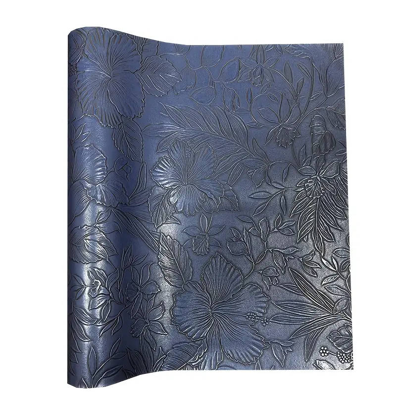 1 11.75 x 53.5 inch Leaf and Flower Embossed Faux Leather Fabric Roll Deep Blue