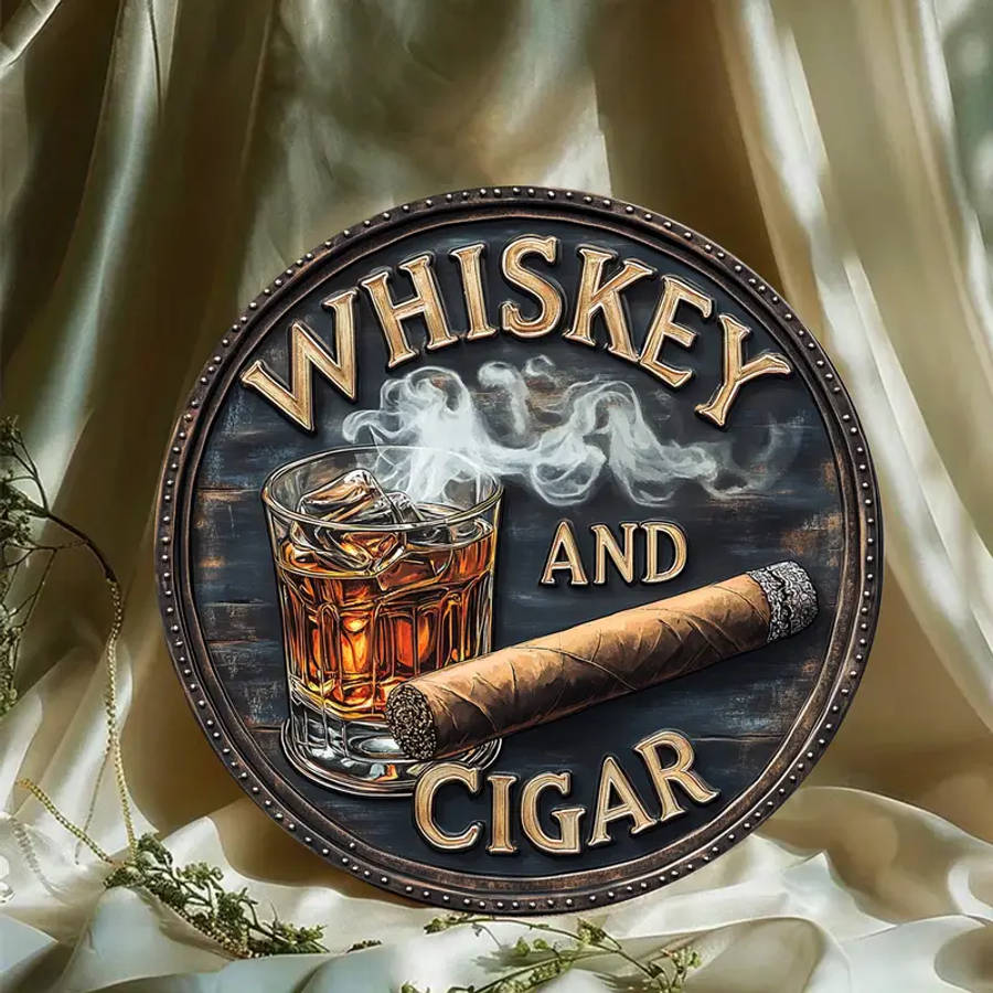 3D Painted Rustic Wooden Round Sign Whiskey And Cigar Artistic Decorative Wall Art Unframed Clas