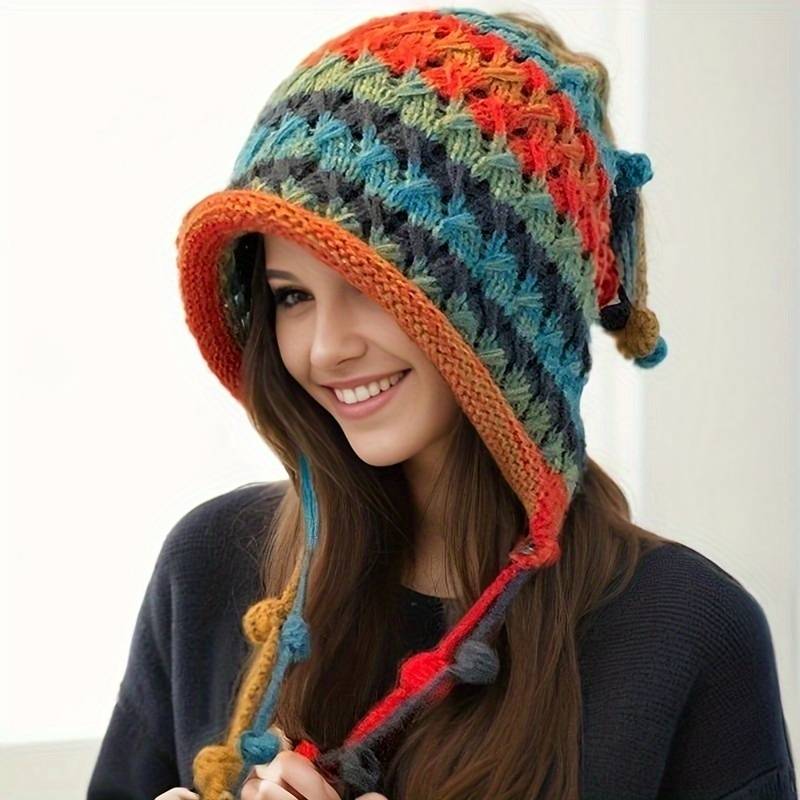 1pc New Autumn and Winter Bohemian Style Handmade Crochet Color Hat Thickened and Warm Dopamine K