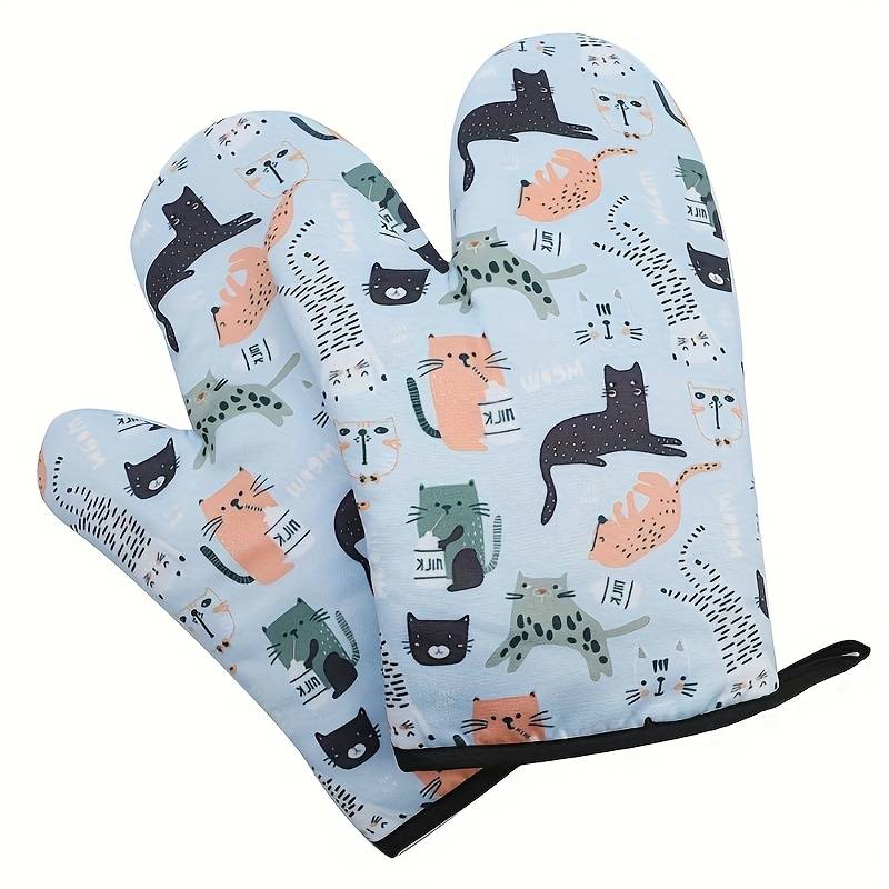 2pcs Cute Cat Pattern Oven Mitts Thick Heat-Resistant Polyester Gloves with Hanging Loop Pe