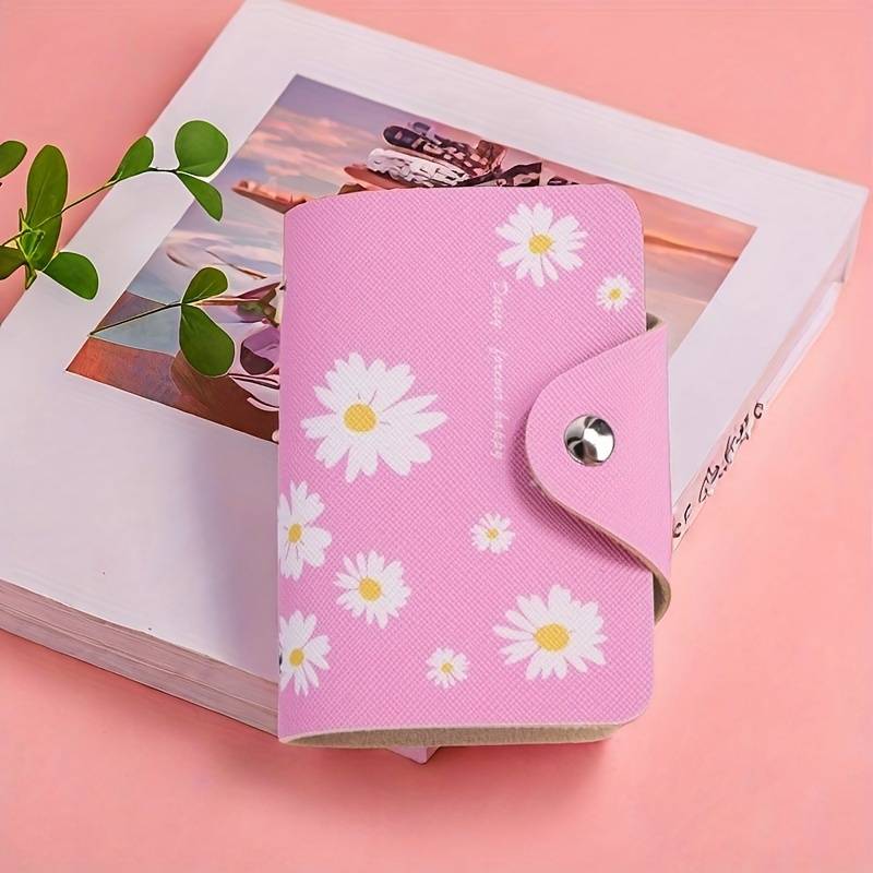 1pc 1 elegant and charming daisy mini card holder PU large capacity buckle closure multifuncti