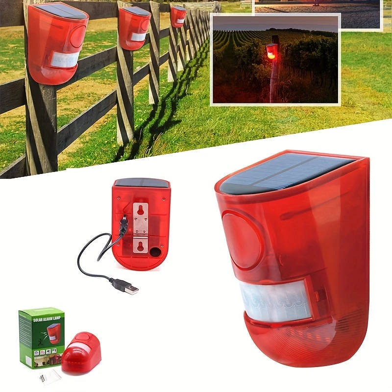 1pc Solar-Powered Security Alarm with 129Db Siren 6 LED Flashing Warning 400Mah Rechargeable Lithium