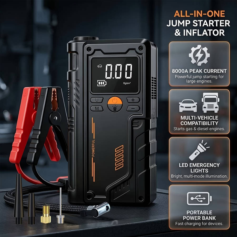 Heavy Duty 9 in 1 Emergency Car Jump Starter and Tyre Inflator