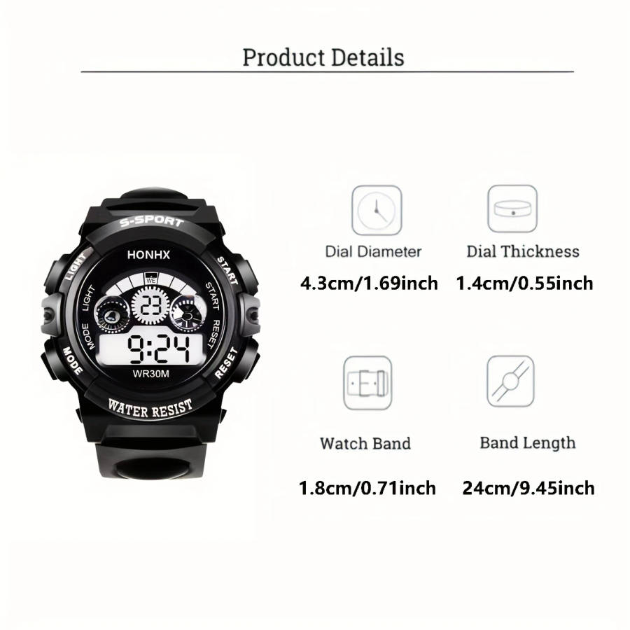 1pc Digital Sports Watch for Boys Casual Style Water Resist Electronic Movement Digital Display Plas