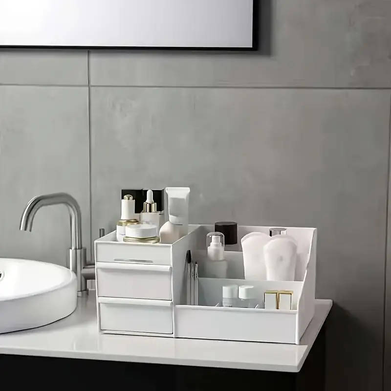 1pc Plastic Cosmetic Organizer with Drawers Lightweight Countertop Makeup Storage Holder for Lipstic