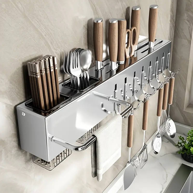 1pc Modern Wall-Mounted Kitchen Rack Carbon Steel Multi-Functional Utensil Holder 40cm