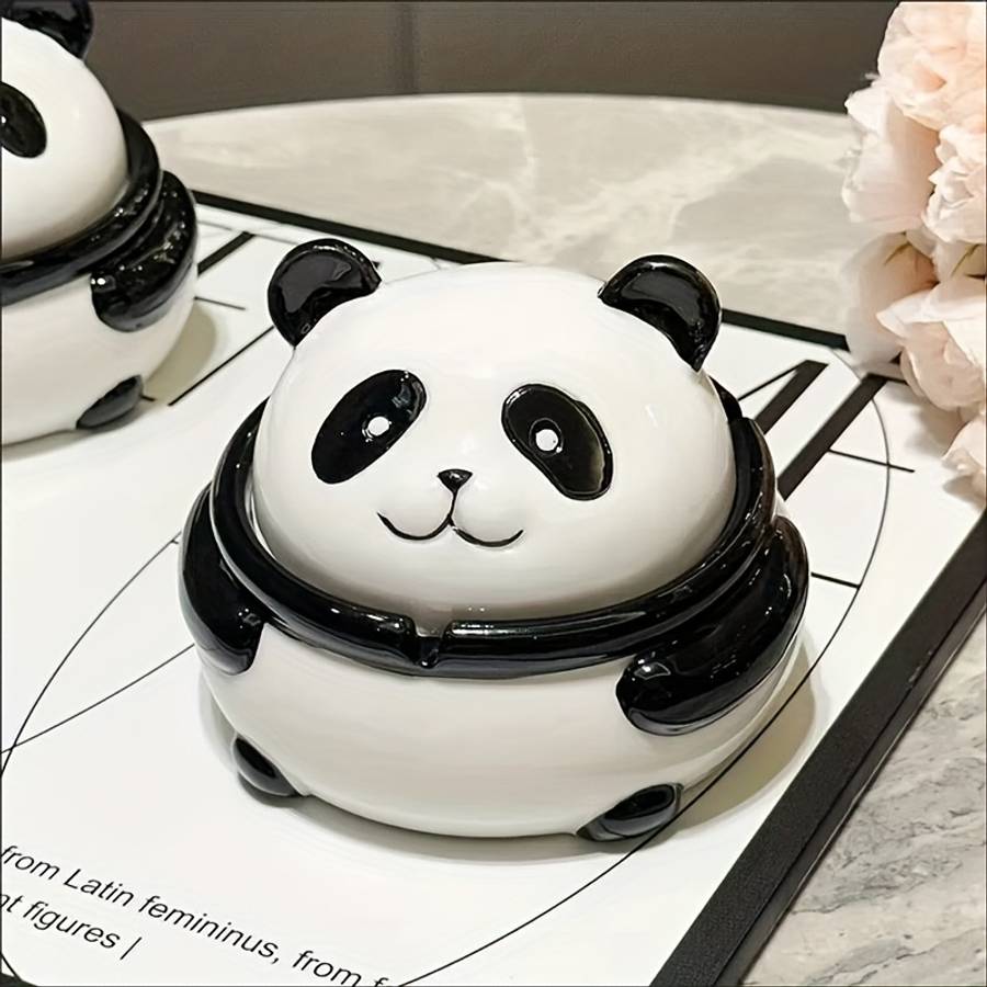 Adorable Panda-Shaped Ceramic Ashtray with Lid 12.7x12.7 cm Anti-Spill Design Perfect for D