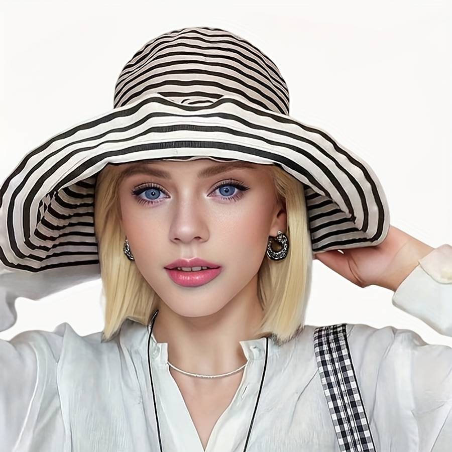 Black White Striped Wide Brim Bucket Hat Lightweight Breathable Sun-Protective Fisherman