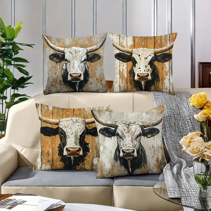 4 Piece Rustic Cow Print Throw Pillow Covers, 45cm x 45cm