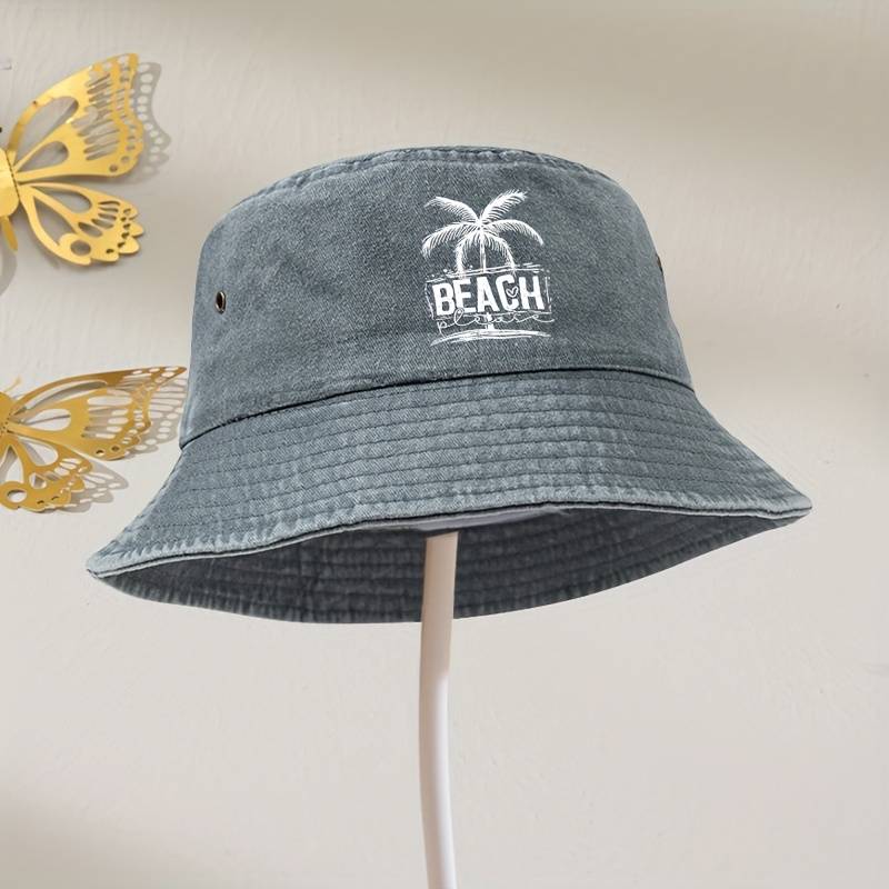 1pc Vintage Washed Grey Beach Bucket Hat with Palm Tree Print Unisex Sun Protection Fisherman Cap
