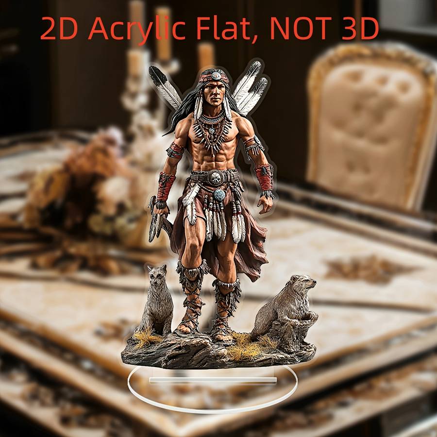1pc 2D Flat  Bohemian Style  Acrylic Statue Native American Chief Wolf Scene Vintage Desk De