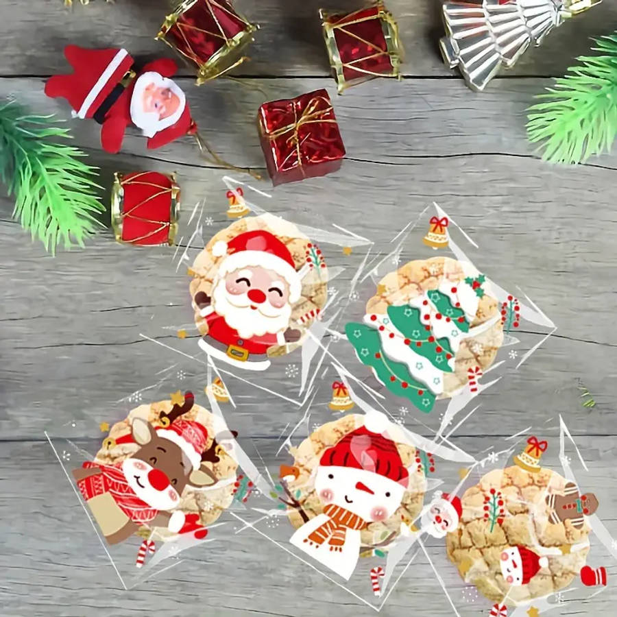 50 Self-Sealing Cellophane Christmas Candy Bags 5 Different Santa Claus Designs