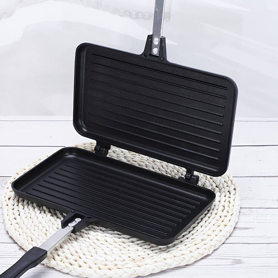 1pc Double-Sided Non-Stick Aluminum Sandwich Maker Detachable Handle Breakfast Pan Rectangula