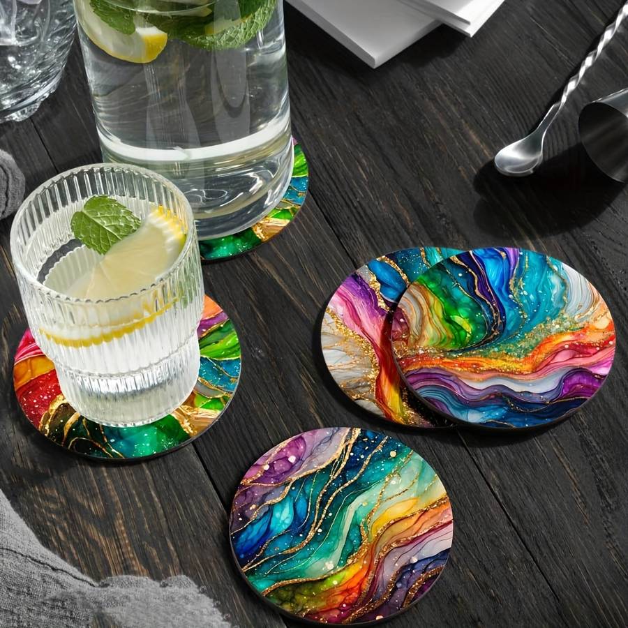 4pcs Rainbow Marble Pattern Wooden Trivet Placemats Heat Resistant Pot Holders Multipurpose