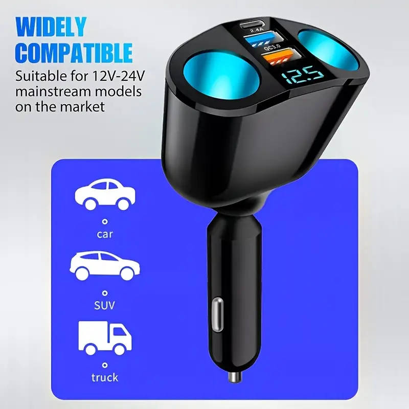 1pc One-Tow-Five Car Charger 2 Car Power Hole 2USB Port 1USB Type-C Port Fast Charging Universal 12/