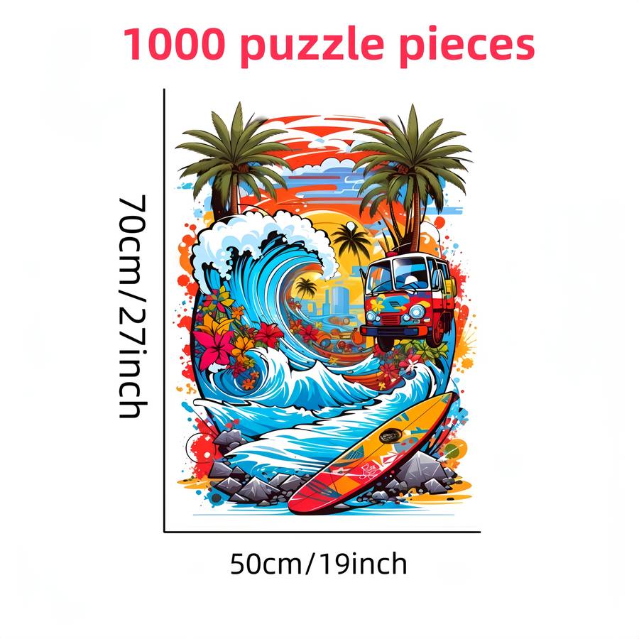 1000pcs Surfboard Jigsaw Puzzle Vibrant Beach Scene with Palm Trees Surfboards R