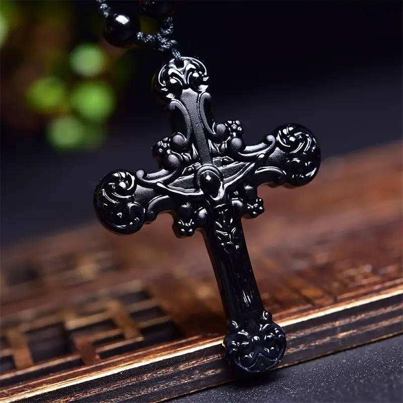 Unisex Obsidian Cross Pendant Necklace