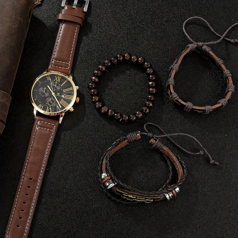 4pcs Men's Elegant Quartz Watch Bracelet Set Fashionable Brown with Golden Accents Calendar Feat