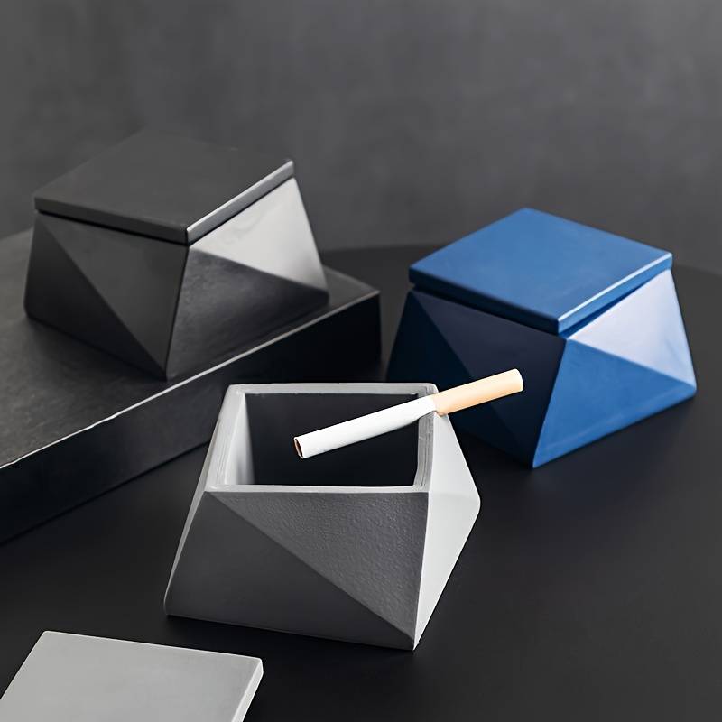 1pc Modern Geometric Stone Ashtray with Lid Light Blue Black Handcrafted Perfect for Indo
