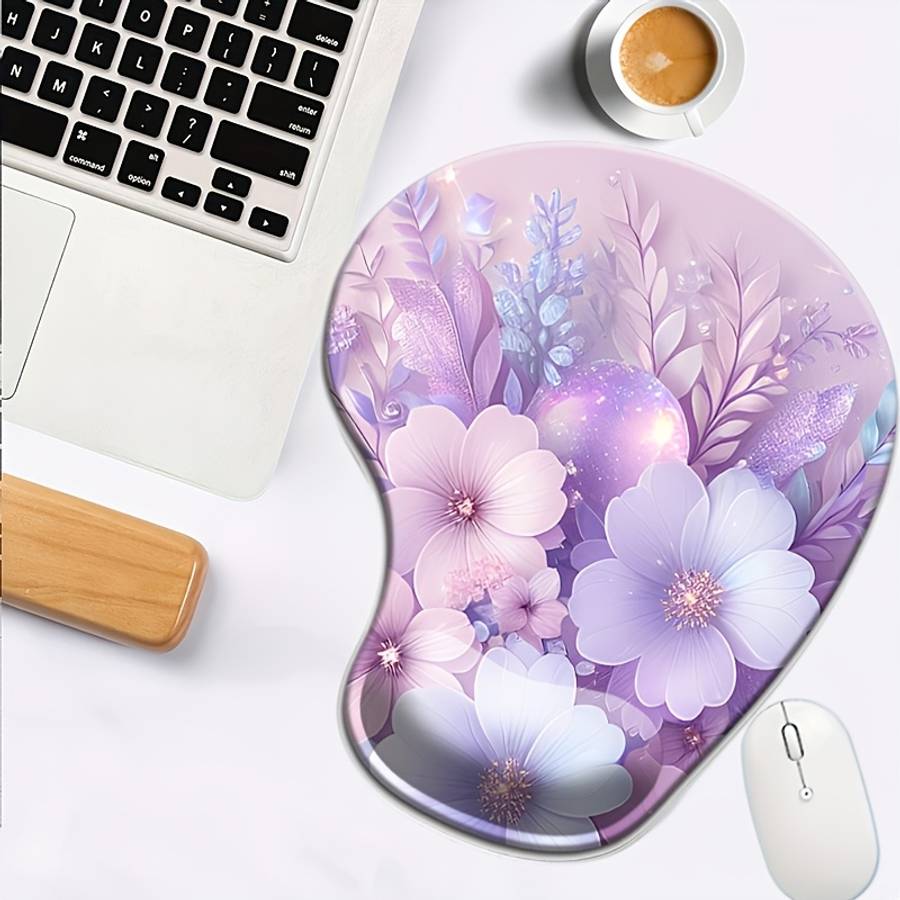 1pc Ergonomic Mouse Pad with Wrist Support Cute Floral Design Non-Slip Base with Beaut