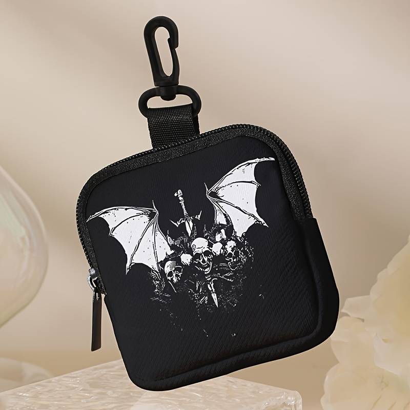 1pc Contemporary Skull and Bat Print Coin Wallet Large Capacity Polyester Zippered Coin Purse