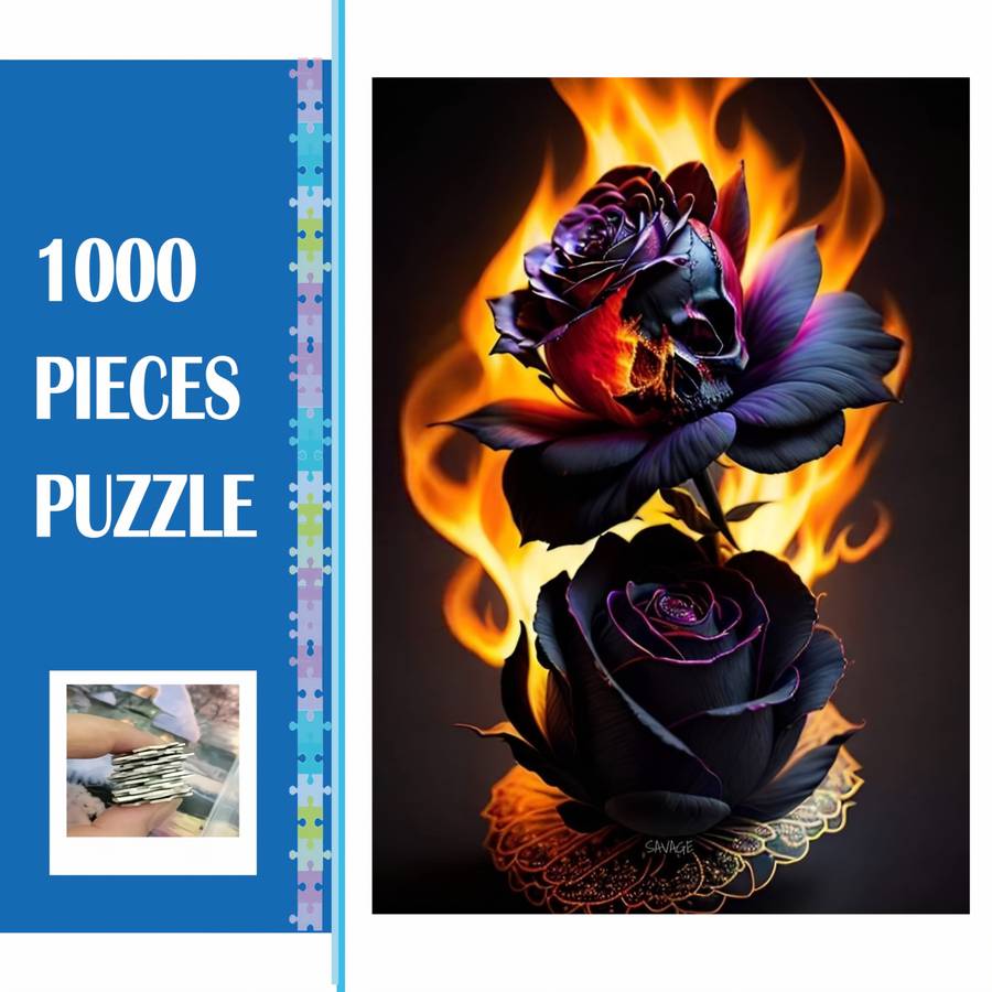 1000pcs Fire Rose Puzzle Challenging DIY Brain Teaser with Vibrant Black Red Rose