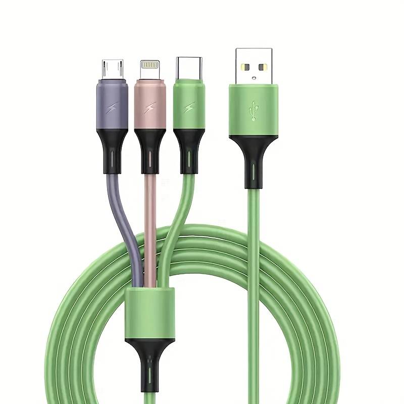 1pc 3-in-1 Macaron Charging Cable with Type-C Micro USB-C Silicone Matte Round Cable Male to