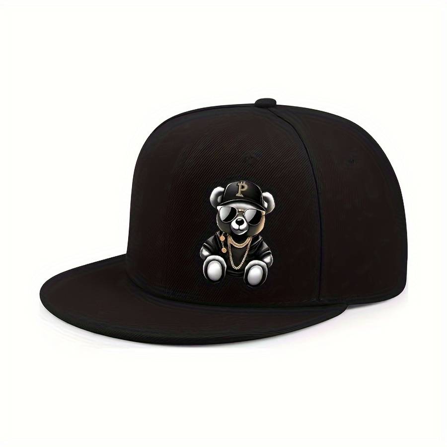 Adjustable Hip-Hop Baseball Cap With Cute Bear Pattern Sun Protection Lightweight Flat Brim