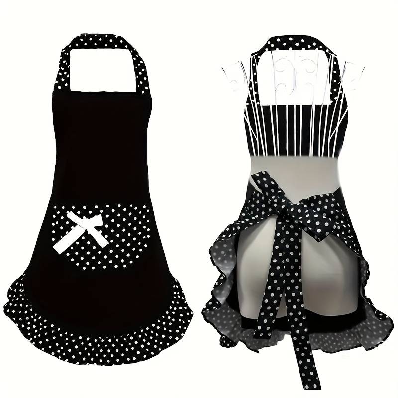 1pc Retro Polka Dot Apron with Ruffle Hem Large Pockets Black and White Vintage Kitchen Ba