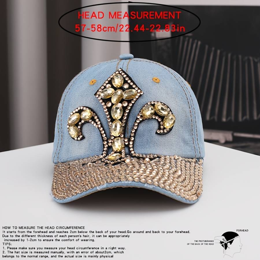 Luxury Rhinestone Embellished Denim Baseball Cap Unisex Adjustable Fit With Sun Protection