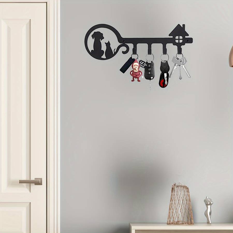 Decorative Black Metal Key Holder 11-inch Cat And Dog Silhouette 4 Hooks Wall Mount