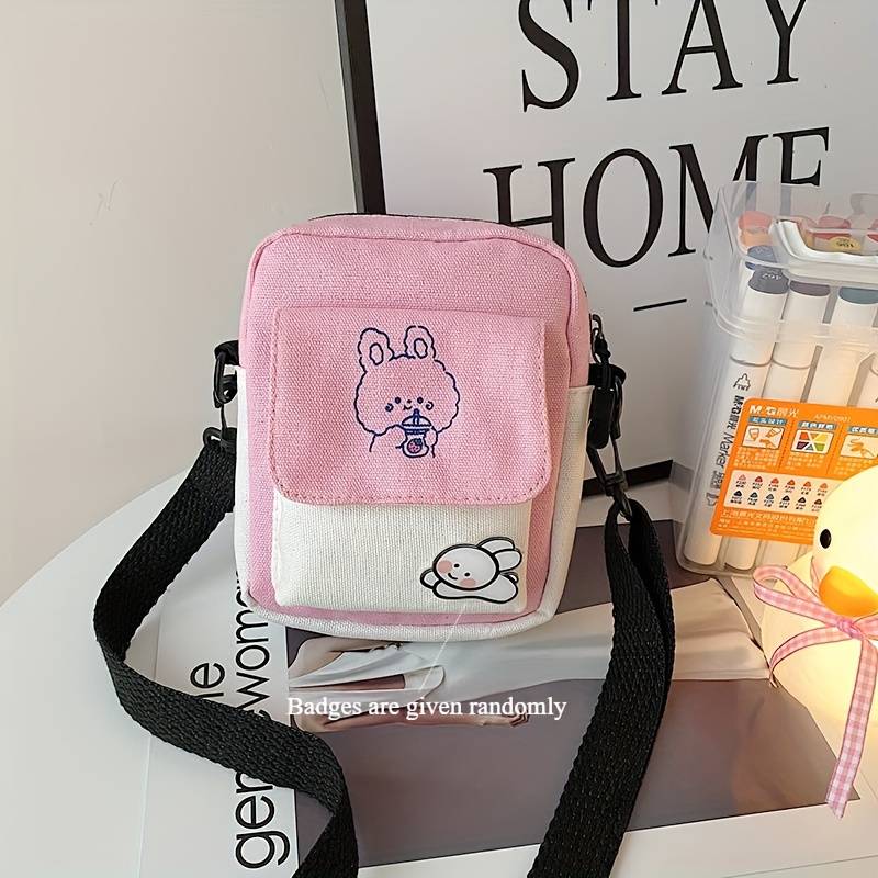 1pc Cute Bunny Canvas Crossbody Bag for Girls Simple Shoulder Messenger with Color-Block Desi