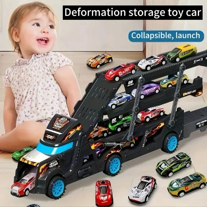 Black Transforming Toy Truck for Youngsters Foldable Launch Vehicle Cargo Transport Car Sliding Truc