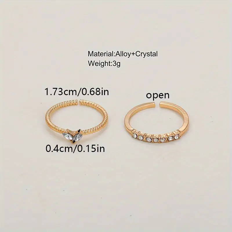 2 Piece - Rhinestone Heart & Twist Design Open Ring Set for Women
