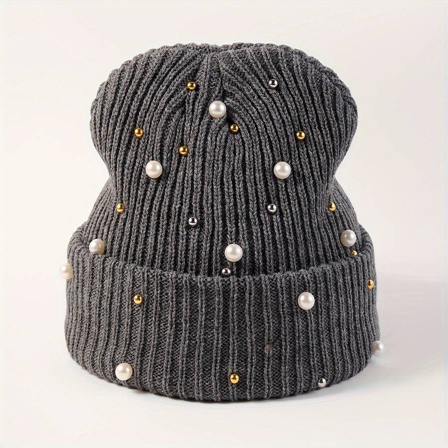 1pc of Women'S Fashion Pearl Decorated Knitted Hat Without Brim Suitable for Autumn And Winter