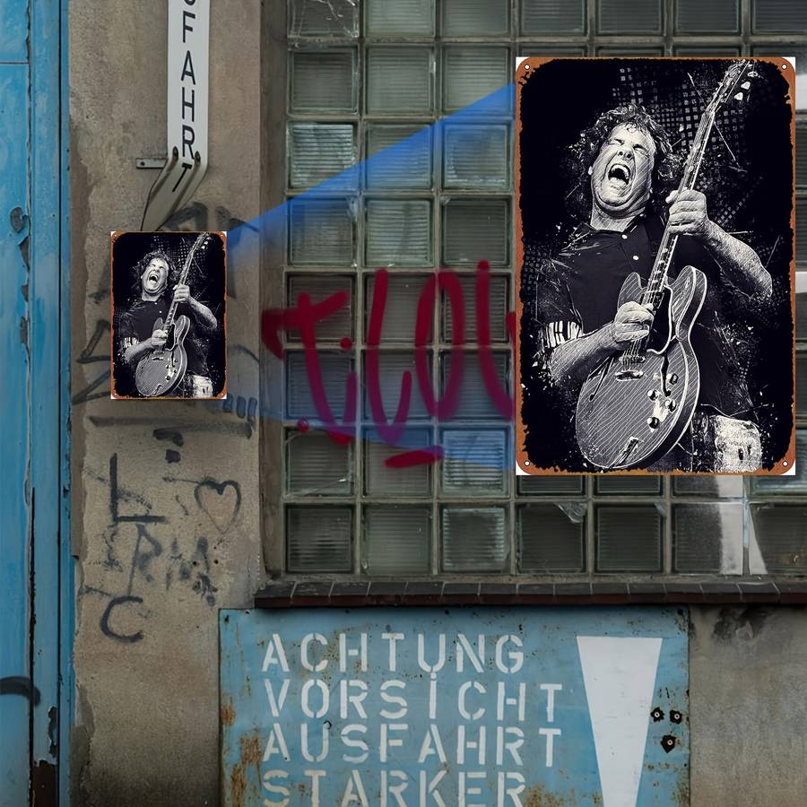 1pc Vintage-Inspired Gary Moore Guitar Metal Tin Sign Waterproof Weather-Resistant Universal Wal