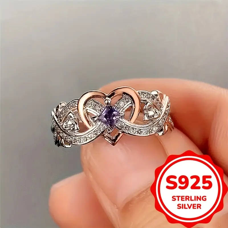 925 Sterling Silvery Infinity Heart Ring with Purple Synthetic