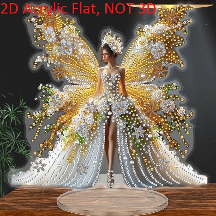 2D Flat  Butterfly Bride Acrylic Tabletop Decor Elegant Fairy With Glowing Orbs Floral P