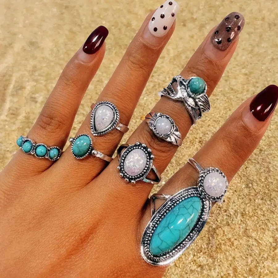8pcs Vintage Boho Turquoise Mosaic Alloy Ring Set