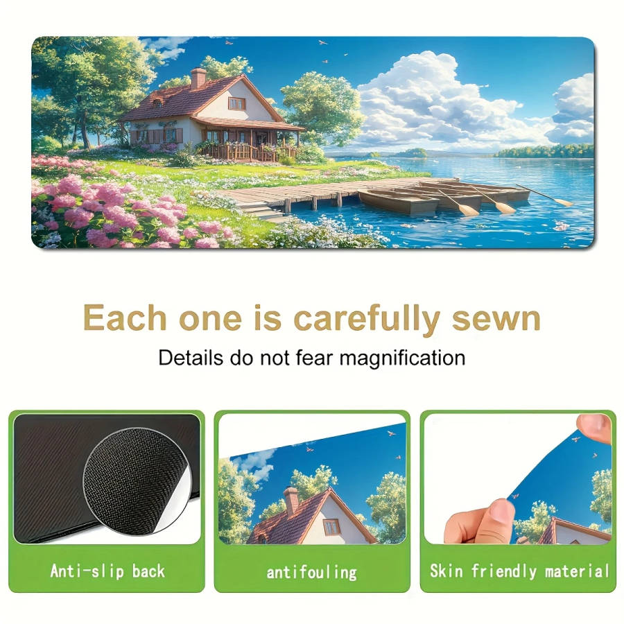 30x80cm Pastoral Lake Cottage Scenery Mouse Pad Rubber Non-Slip Washable Mouse Pad