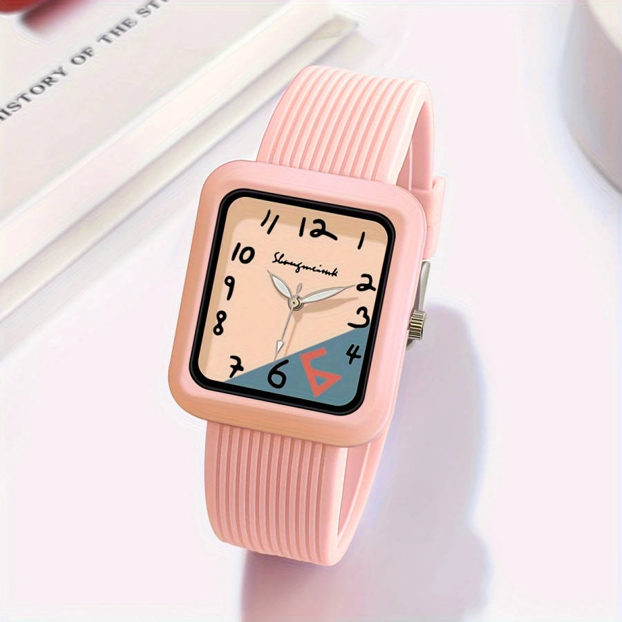 1pc Fashionable Quartz Watch With Striped Silicone Strap Colorblock Dial Rectangular Case Elegant