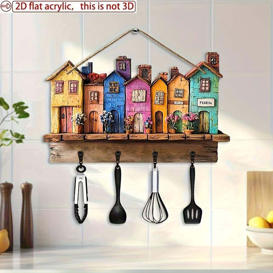 1pc Classic Home Wooden Wall Keychain 29.97cm X 22.86cm with 4 Metal Hooks Multipurpose Home Deco