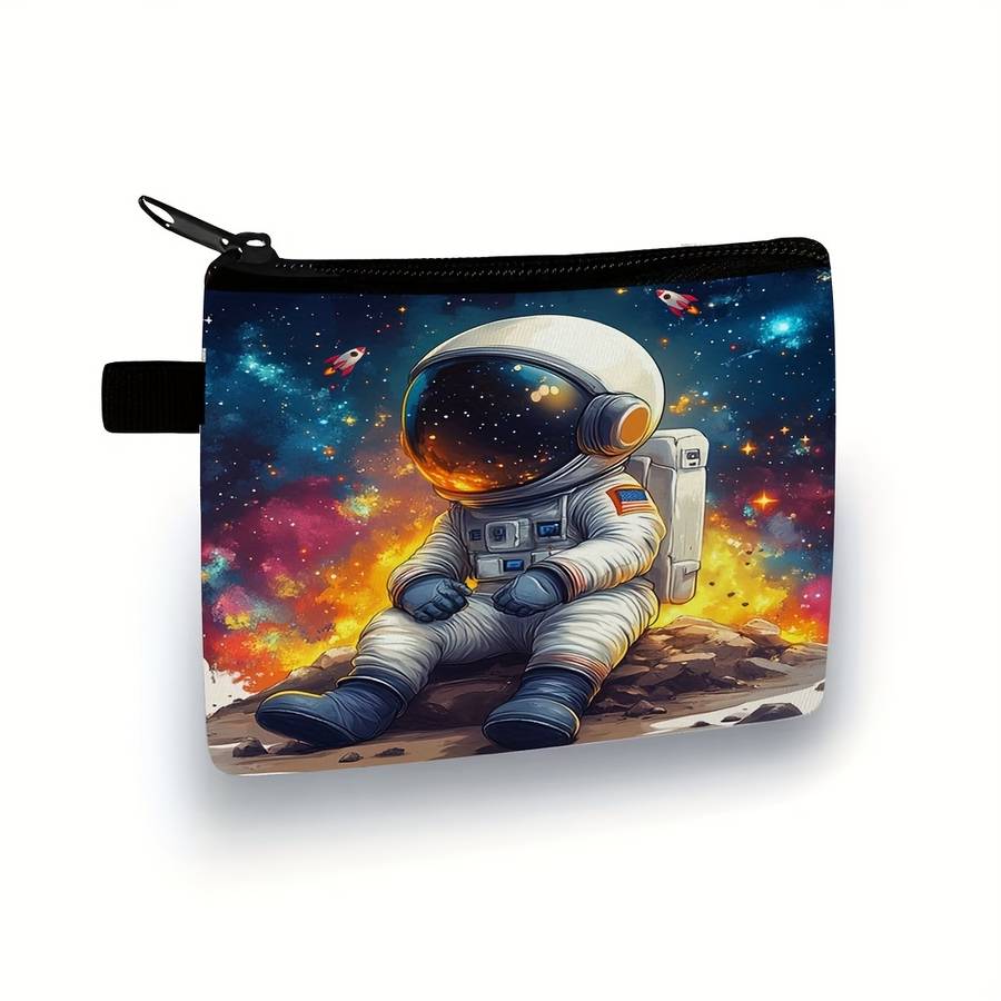 1pc Women's Casual Astronaut Space-Themed Coin Purse Durable Polyester Machine-Washable Zipper