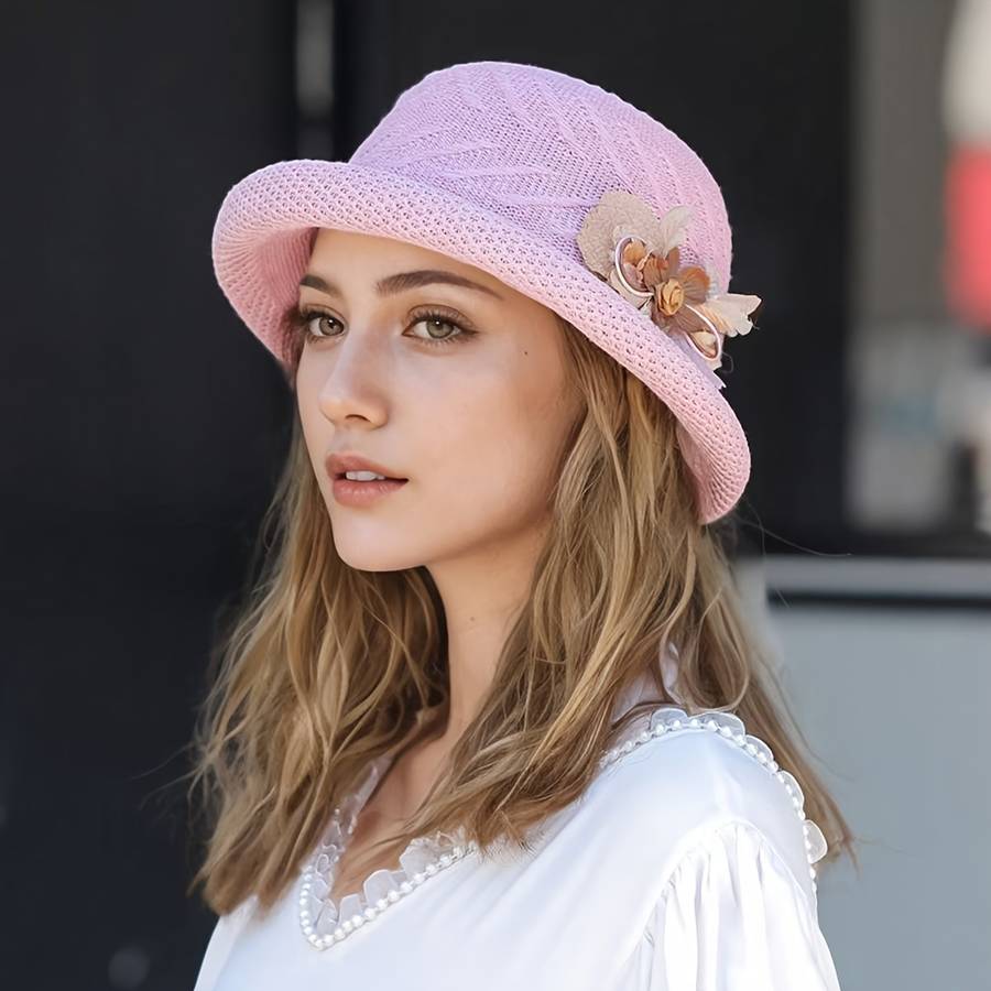 1pc of Women'S Hat Elegant And Fashionable Flower-Decorated Curled-Edge Straw Hat Spring An