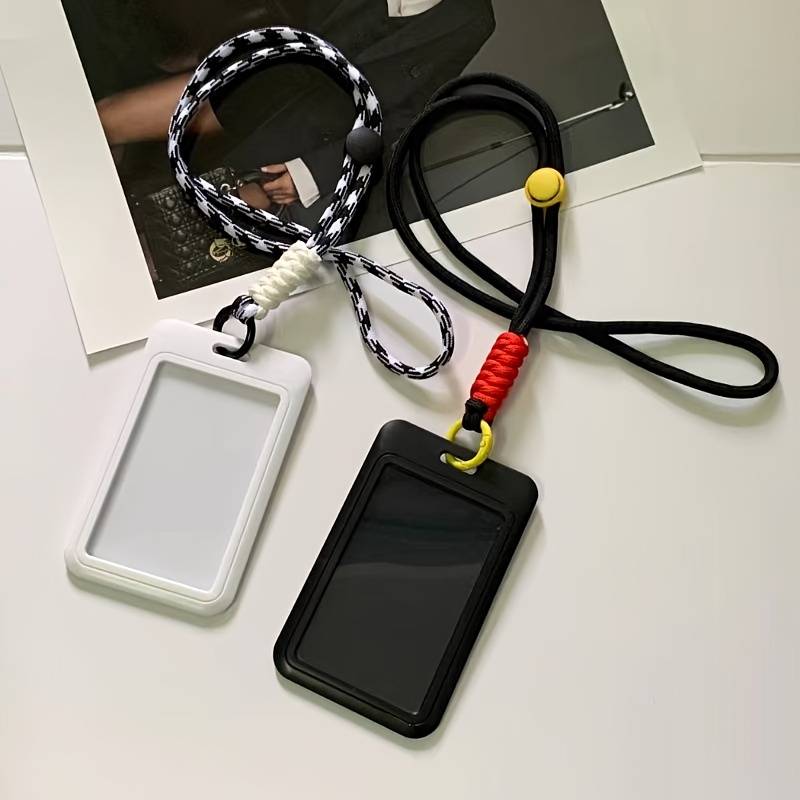 1pc Stylish Neck Lanyard Card Holder Durable Plastic Casual Design with Checkered Pattern Strap