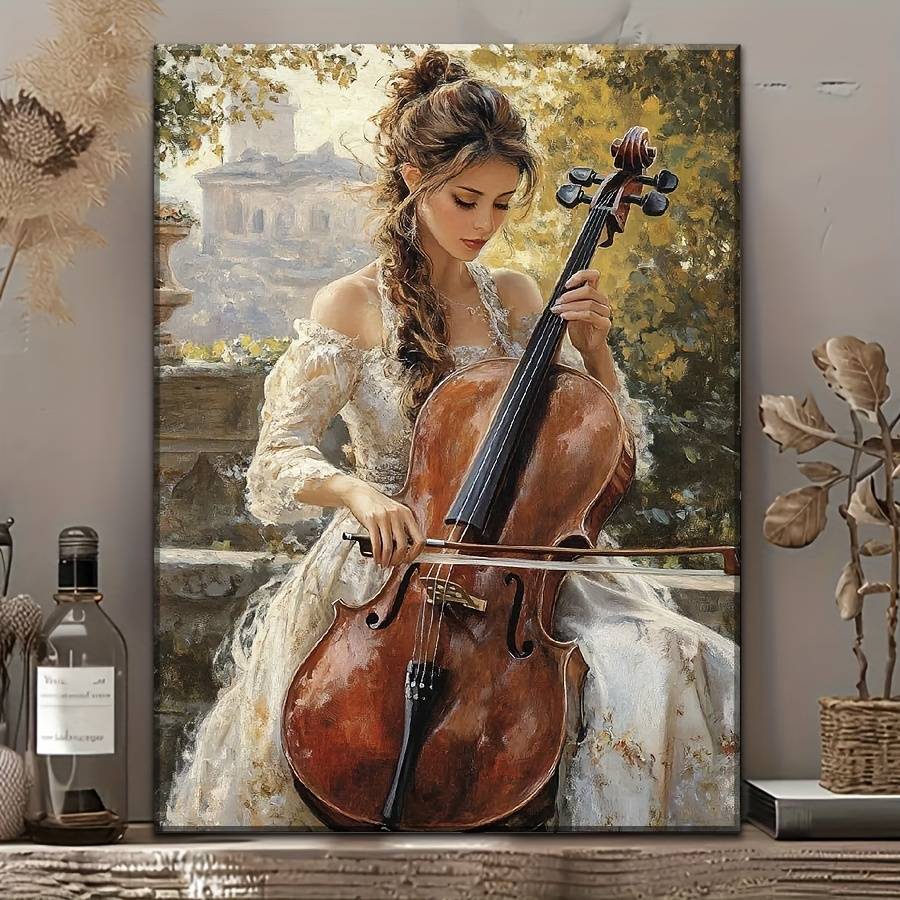 1pc Elegant Cello Player Canvas Art Print with Wood Frame Large Contemporary Musician Wall Decor