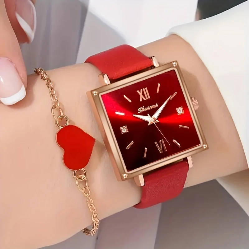 2pcs set Elegant and Fashionable Women's Square Dial PU Leather Strap Quartz Watch Versatile Fashion
