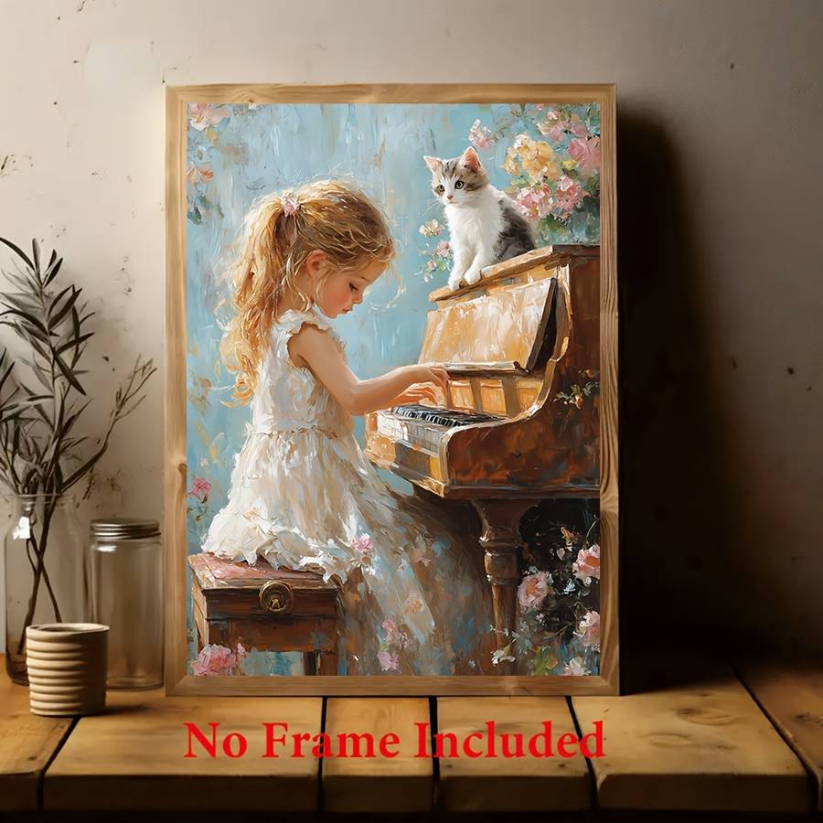 1pc  Oil on Canvas Frameless 30.48X40.64 cm Little Girl Playing The Piano Home Decoration