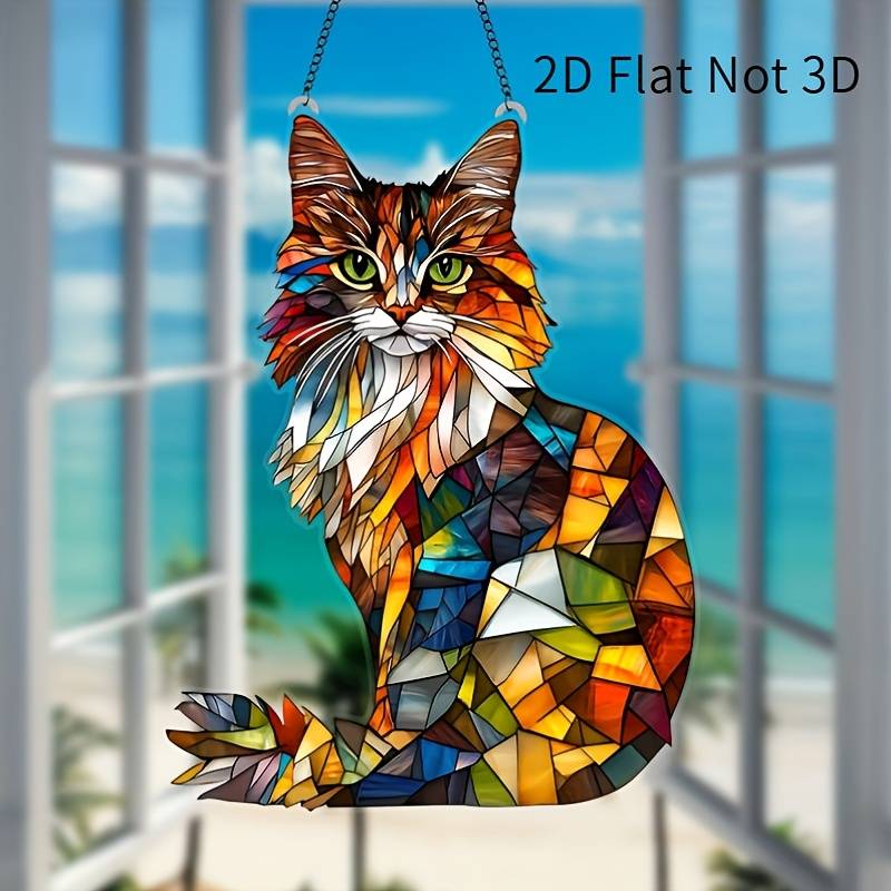 1pc 2D Flat   Acrylic Colorful Long-Haired Cat Sun Catcher 6.2x8 Inches Vibrant Mosaic Wall Ar